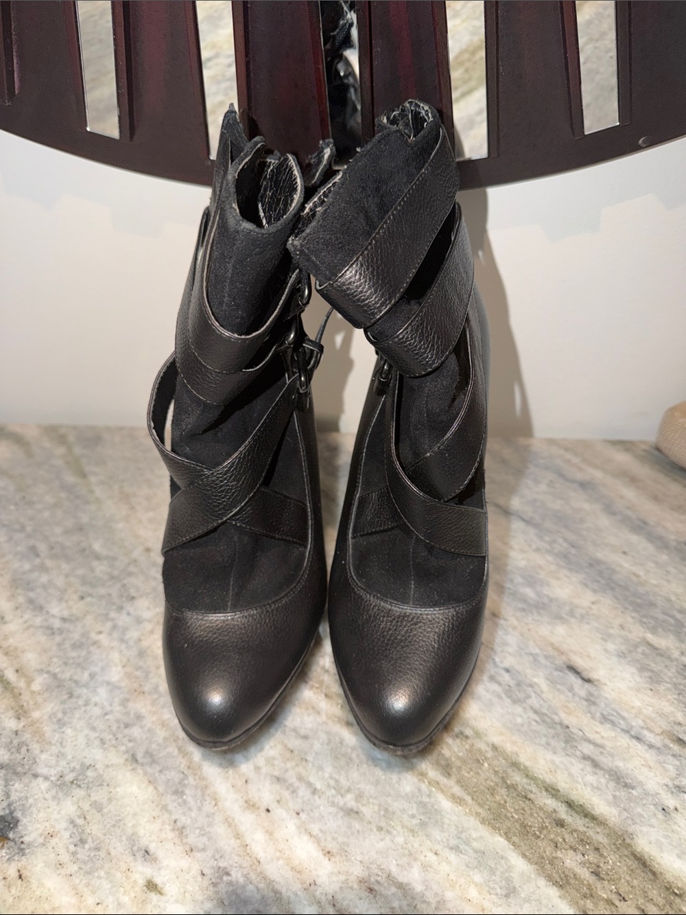 bebe Black Wrap-Strap Ankle Heeled Boots
